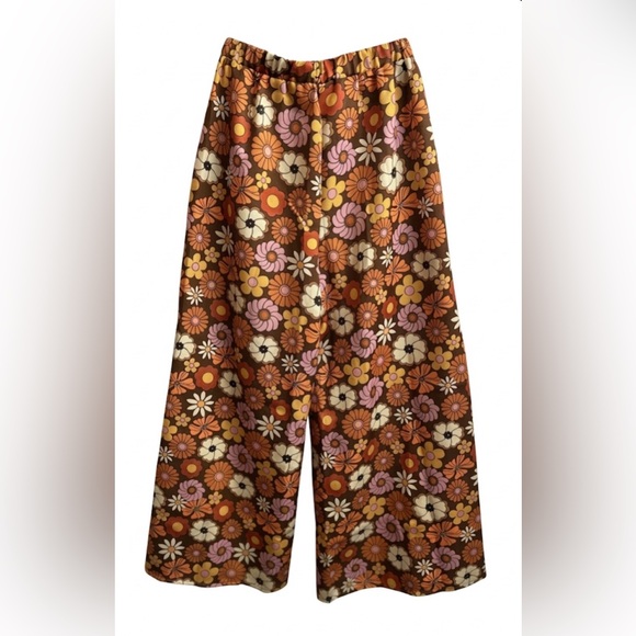 ROMWE Pants - ROMWE Groovy 70’s Retro Floral Patterned Pants with Orange and Brown